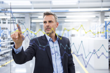 Geschäftsmann, der ein Diagramm auf einer Glasscheibe in einer Fabrikhalle betrachtet - DIGF02773