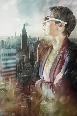 USA, New York City, woman looking at view from Rockefeller Center, composite stock photo