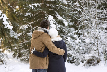 Rückenansicht eines glücklichen jungen Paares Arm in Arm in einem verschneiten Winterwald - HAPF02020