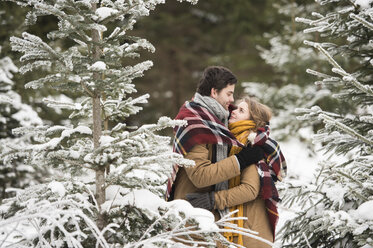 Happy young couple wrapped in blanket standing in winter forest - HAPF02048
