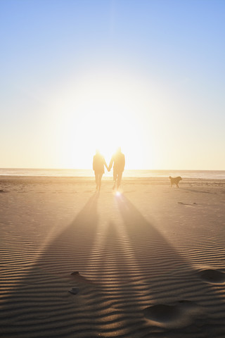 Portugal, Algarve, couple with dog walking on the beach at sunset stock photo