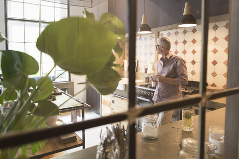 Mature man at home in kitchen stock photo