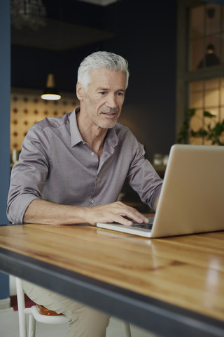 Mature man using laptop on table at home stock photo