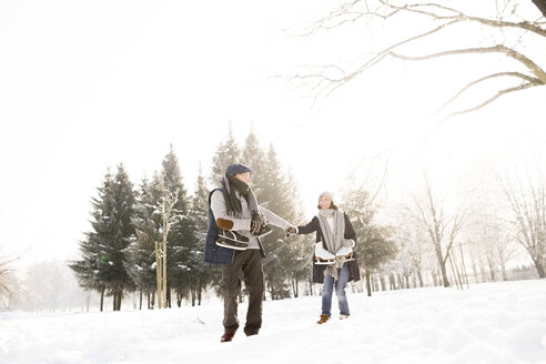 Älteres Paar mit Schlittschuhen in einer Winterlandschaft - HAPF02145