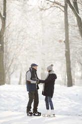 Senior couple with ice skates standing on frozen lake - HAPF02151