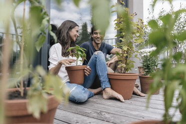 Glückliches Paar mit Pflanzen, das sich auf dem Balkon entspannt - JOSF01591