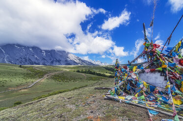 China, Yunnan, Lijiang, Tibetischer Tempel Yak-Wiese und Berglandschaft - THA02013