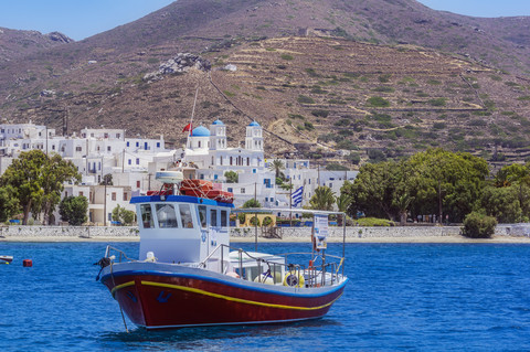 Greece, Amorgos, fishing boat on the sea stock photo