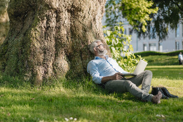 Mature man with laptop relaxing in park - JOSF01742