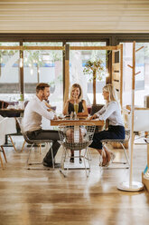 Three friends meeting in a cafe - ZEDF00885