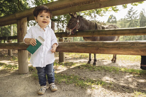 Lächelndes Kleinkind hält Tierfutter für Esel im Wildpark hoch - MFF03957