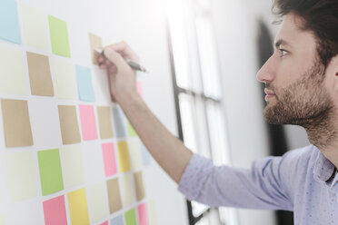 Young businessman working in office with sticky notes on wall - GIOF03283