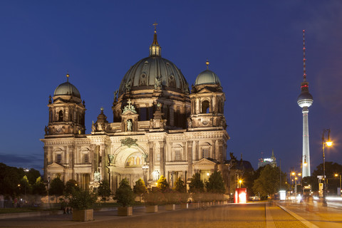 Germany, Berlin, lighted Berliner Dom and television tower at night stock photo