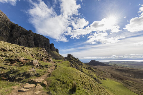 UK, Schottland, Innere Hebriden, Isle of Skye, Trotternish, Quiraing, Tourist auf Wanderweg - FOF09378