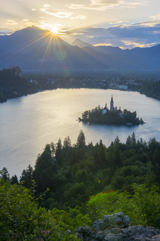 Slovenia, Bled, Bled island and Church of the Assumption of Maria at sunrise stock photo