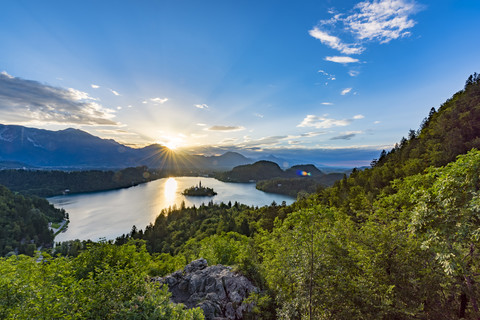 Slovenia, Bled, Bled island and Church of the Assumption of Maria at sunrise stock photo