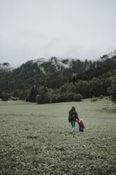 Austria, Vorarlberg, Mellau, mother and toddler on a trip in the mountains - DWF00306