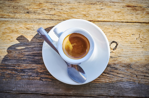 Espresso cup on wood stock photo