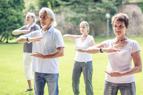 Group of seniors doing Tai chi in a park stock photo
