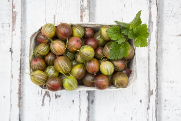 Cardboard box of gooseberries on wood - LVF06291