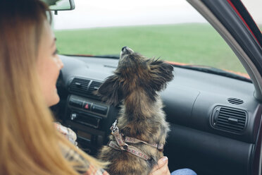 Kleiner Hund sitzt auf dem Schoß einer Frau im Auto - DAPF00809