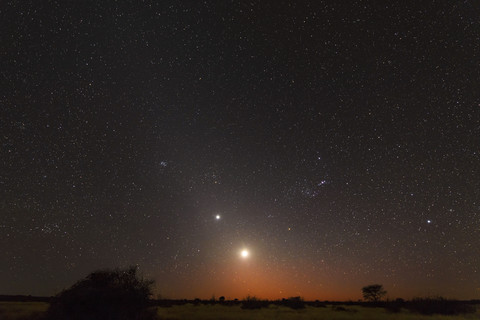 Namibia, Region Khomas, bei Uhlenhorst, Astrofoto, RIsingmond und Planet Venus eingebettet in leuchtendem Zodiakallicht in der Morgendämmerung, Sternbild Orion auf dem Kopf stehend, lizenzfreies Stockfoto