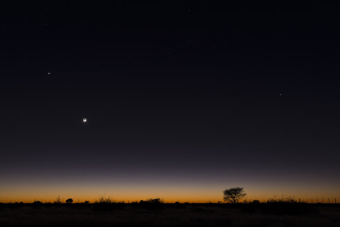 Namibia, Region Khomas, bei Uhlenhorst, Astrofoto, RIsingmond und Planet Venus über einem leuchtenden Savannenhorizont - THGF00003