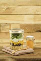 Jar of vegetarian mixed salad with Kritharaki, corn, rocket and cranberries and jar of cocktail sauce - ECF01899