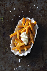 Salted sweet potato fries with rosmary and mayonnaise in porcelain bowl - CSF28326