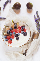 Schale mit griechischem Joghurt mit Feige, Wassermelone, gefrorenen Beeren und Lavendelhonig - SBDF03320