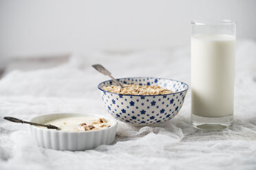 Schalen mit Müsli, Haferflocken und Naturjoghurt und ein Glas Milch - MYF01959