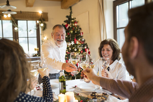 Älterer Mann stößt mit seiner Familie beim Weihnachtsessen an - HAPF02184