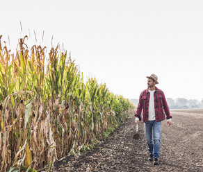 Farmer walking along cornfield - UUF11902