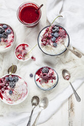 Bowl of natural yoghurt with raspberry sauce and frozen fruits - SBDF03325