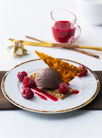 Chocolate icecream with raspberry and pastry stock photo