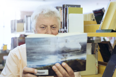 Porträt eines älteren Mannes in einer Stadtbibliothek, der ein Buch liest - FRF00570