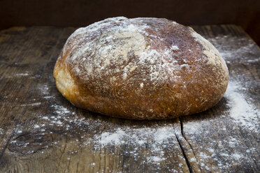 Mit Mehl bestäubtes Weizenbrot auf dunklem Holz - LVF06350