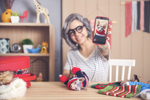 Frau zeigt Handybild von Sphynx-Katze mit Pullover, lizenzfreies Stockfoto