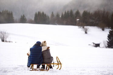 Rückenansicht eines älteren Paares, das Seite an Seite auf einem Schlitten in einer verschneiten Landschaft sitzt - HAPF02254