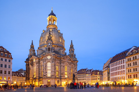 Germany, Saxony, Dresden, Church of our lady, blue hour stock photo