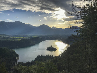 Slowenien, Bled, Luftaufnahme des Sees bei Sonnenaufgang - LOMF00637