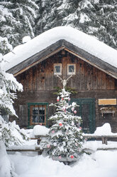 Österreich, Altenmarkt-Zauchensee, Weihnachtsbaum am Holzhaus im Schnee - HHF05511