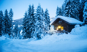 Österreich, Altenmarkt-Zauchensee, Schlitten, Schneemann und Weihnachtsbaum am beleuchteten Holzhaus im Schnee in der Abenddämmerung - HHF05513