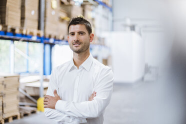 Businessman standing in warehouse, portrait - DIGF03004