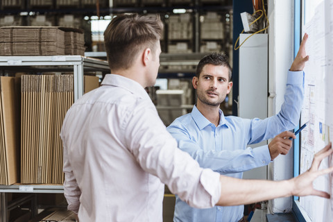 Geschäftsleute stehen am Fenster und besprechen Produktionspläne, lizenzfreies Stockfoto