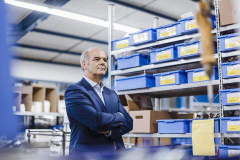 Unternehmensgründer in seinem Unternehmen stehend mit verschränkten Armen, Porträt, lizenzfreies Stockfoto