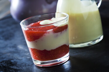 kompott aus roten Früchten mit Vanillesoße im Glas geschichtet - CSF28386