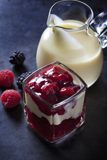 Rotes Fruchtkompott mit Vanillesoße im Glas geschichtet - CSF28388