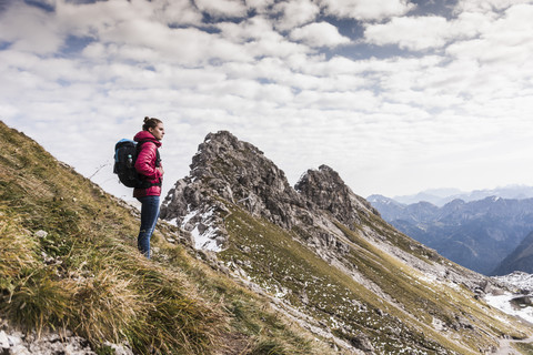 Germany, Bavaria, Oberstdorf, hiker in alpine scenery stock photo