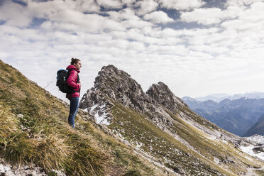 Germany, Bavaria, Oberstdorf, hiker in alpine scenery - UUF12127
